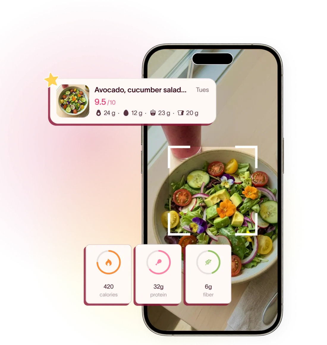 Phone scanning an avocado and cucumber salad, with a 9.5 out of 10 PCOS score and calories, protein, and fiber cards